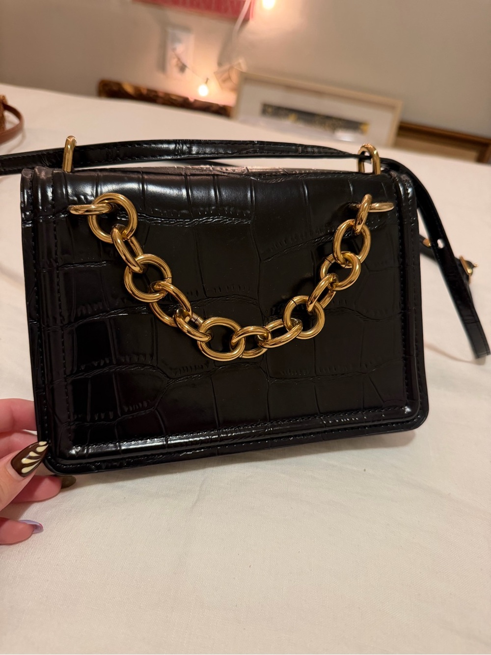 Black Croc-Embossed Bag with Gold Chain